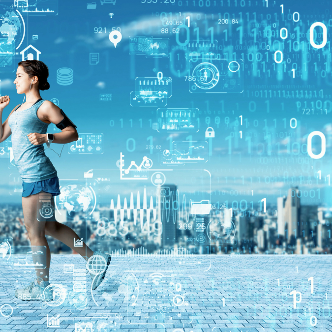 woman running with a city in the background and data symbols following her